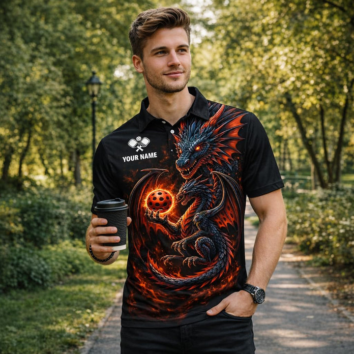 Custom Dragon Pickleball Polo Shirt Personalized Name Team Pickleball Shirt 3D Fire Dragon Design Black