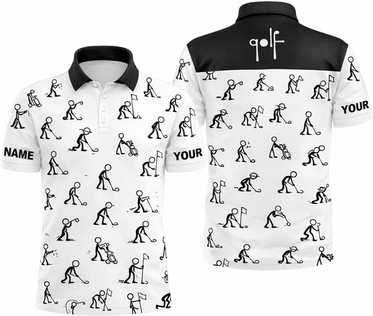 Custom Golf Polo Shirt Stick Figure Pattern Personalized Name Performance Golf Shirt Men Black
