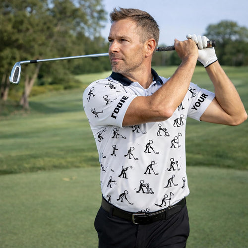 Custom Golf Polo Shirt Stick Figure Pattern Personalized Name Performance Golf Shirt Men Black