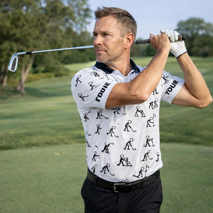 Custom Golf Polo Shirt Stick Figure Pattern Personalized Name Performance Golf Shirt Men Black