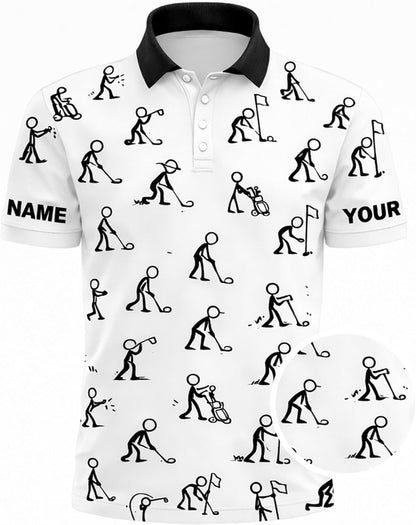 Custom Golf Polo Shirt Stick Figure Pattern Personalized Name Performance Golf Shirt Men Black
