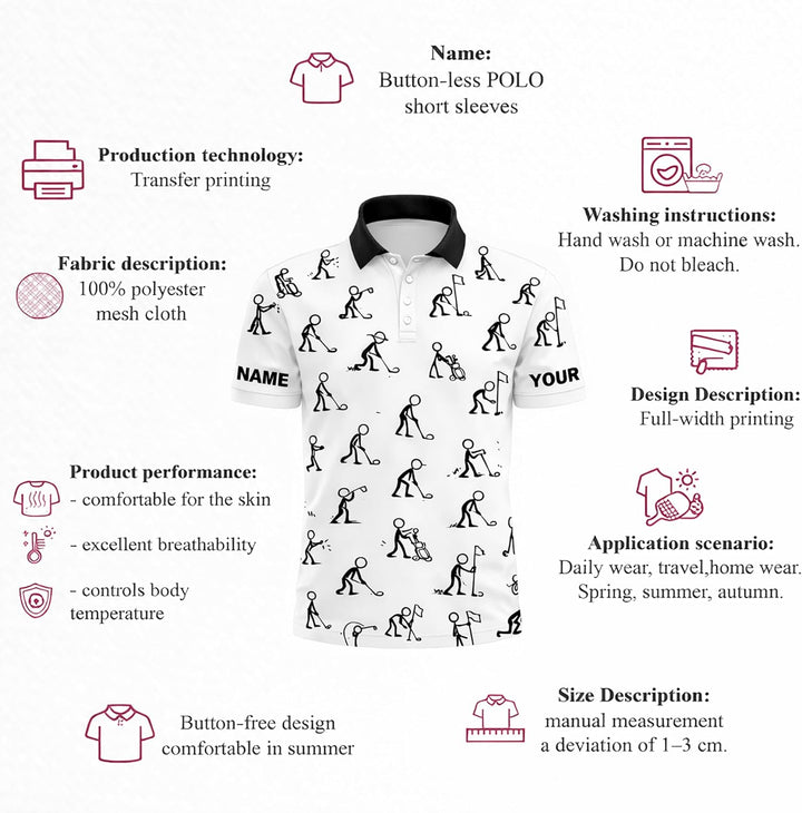 Custom Golf Polo Shirt Stick Figure Pattern Personalized Name Performance Golf Shirt Men Black