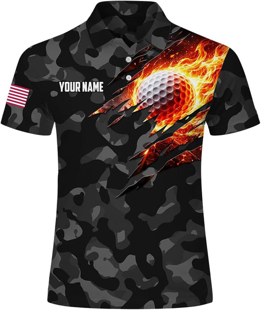 Custom Name Camo Golf Polo Shirt Flaming Ball