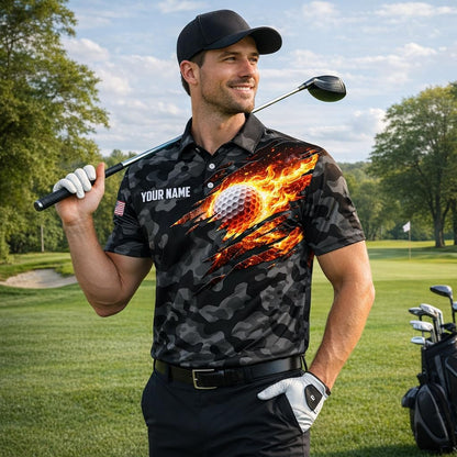 Custom Name Camo Golf Polo Shirt Flaming Ball