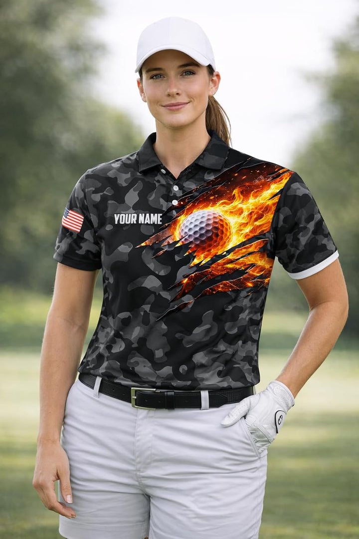 Custom Name Camo Golf Polo Shirt Flaming Ball