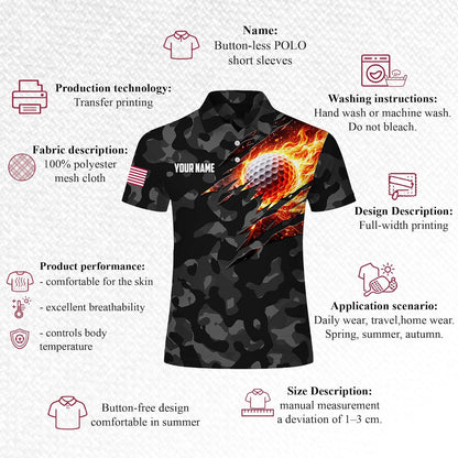 Custom Name Camo Golf Polo Shirt Flaming Ball