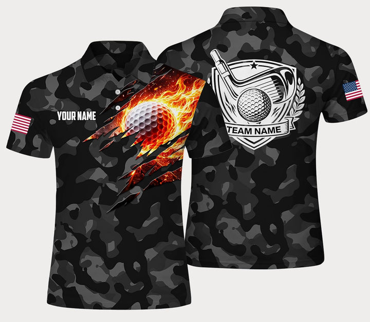 Custom Name Camo Golf Polo Shirt Flaming Ball