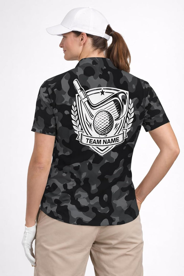 Custom Name Camo Golf Polo Shirt Flaming Ball
