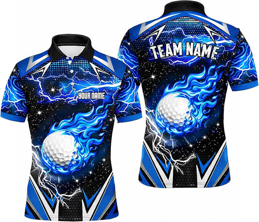 Custom Name Golf Polo Shirt Blue Flame Golf Ball Lightning Performance Polo for Men