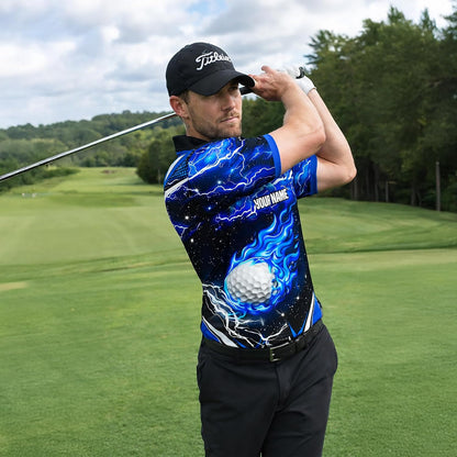 Custom Name Golf Polo Shirt Blue Flame Golf Ball Lightning Performance Polo for Men