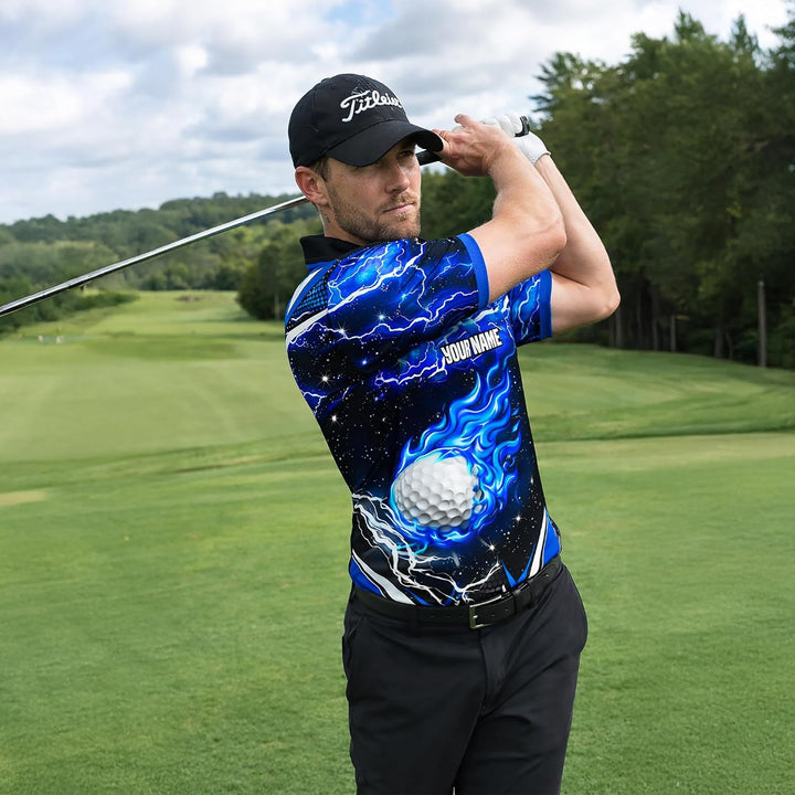 Custom Name Golf Polo Shirt Blue Flame Golf Ball Lightning Performance Polo for Men
