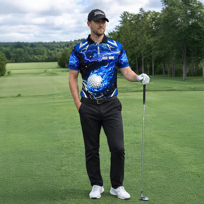 Custom Name Golf Polo Shirt Blue Flame Golf Ball Lightning Performance Polo for Men
