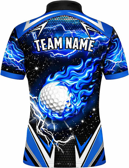 Custom Name Golf Polo Shirt Blue Flame Golf Ball Lightning Performance Polo for Men
