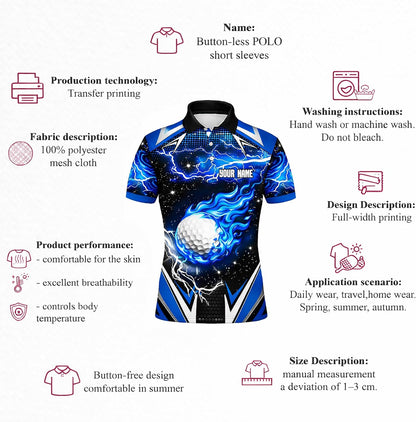 Custom Name Golf Polo Shirt Blue Flame Golf Ball Lightning Performance Polo for Men