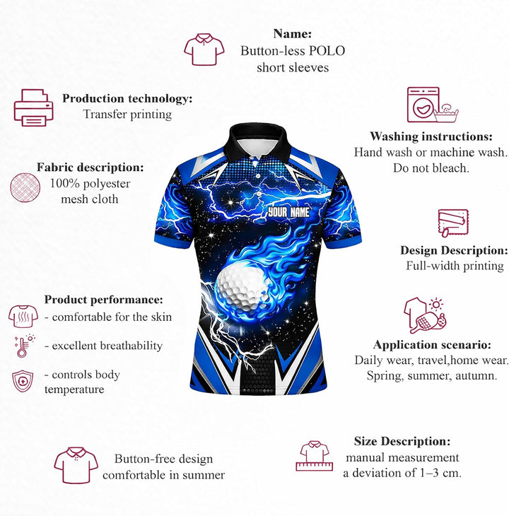 Custom Name Golf Polo Shirt Blue Flame Golf Ball Lightning Performance Polo for Men