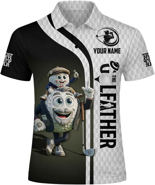 Custom Name Golf Polo Shirt Cartoon Golf Ball Father Son Graphic Black White Performance Shirt