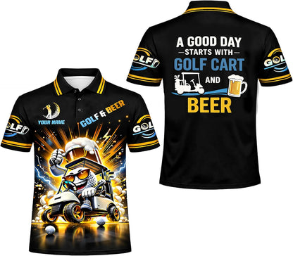 Custom Name Golf & Beer Polo Shirt Funny Golf Cart Golfer Performance Polo Shirt Black