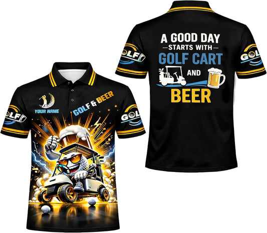 Custom Name Golf & Beer Polo Shirt Funny Golf Cart Golfer Performance Polo Shirt Black