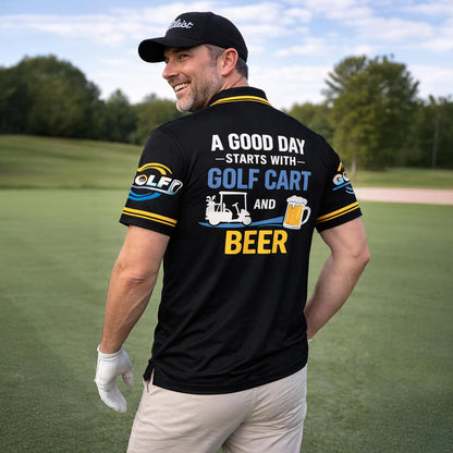 Custom Name Golf & Beer Polo Shirt Funny Golf Cart Golfer Performance Polo Shirt Black