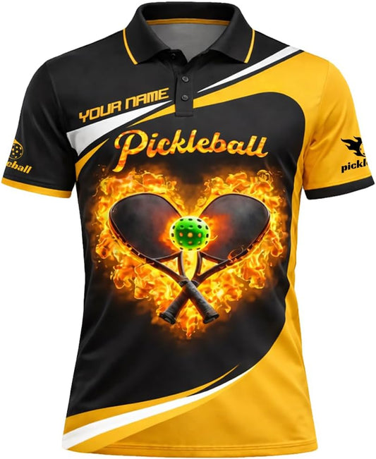 Custom Name Pickleball Fire Heart Polo Shirt Black Yellow