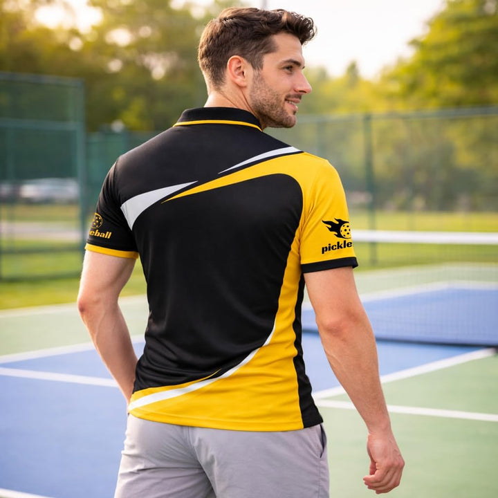 Custom Name Pickleball Fire Heart Polo Shirt Black Yellow