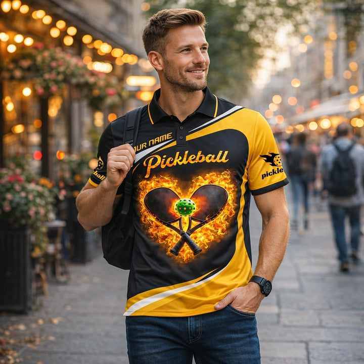 Custom Name Pickleball Fire Heart Polo Shirt Black Yellow