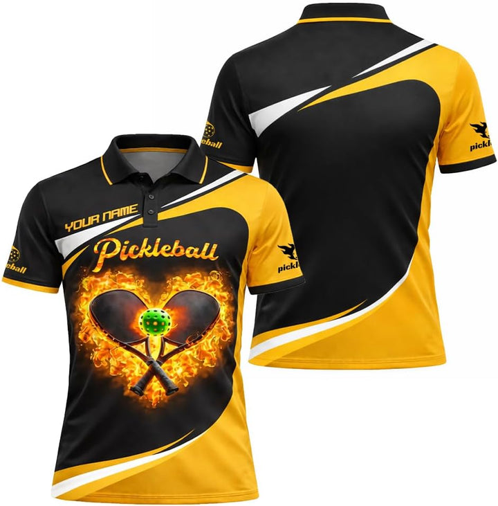 Custom Name Pickleball Fire Heart Polo Shirt Black Yellow