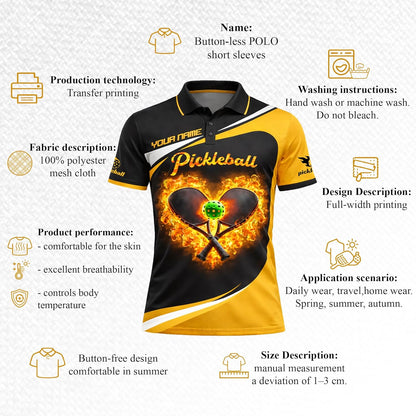 Custom Name Pickleball Fire Heart Polo Shirt Black Yellow