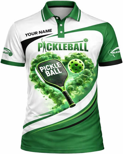 Custom Name Pickleball Heart Polo Shirt Green White Performance