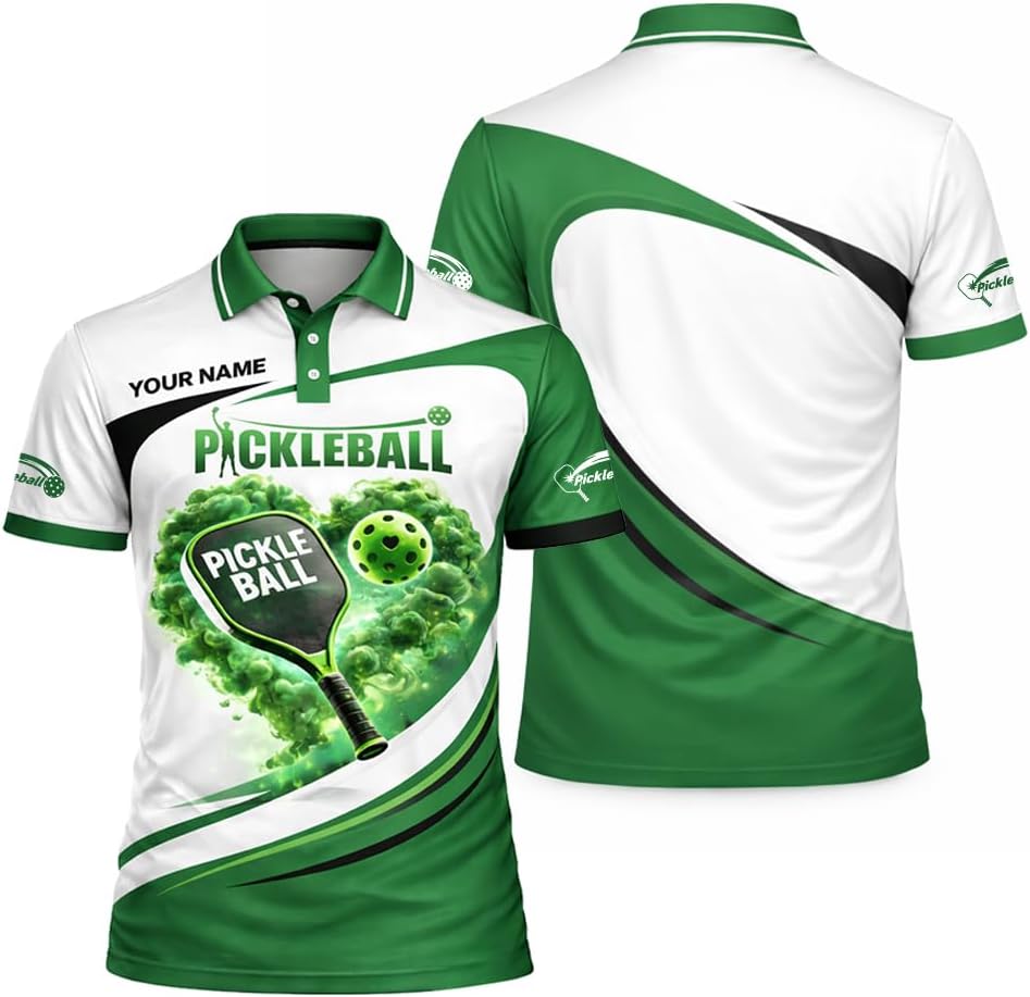 Custom Name Pickleball Heart Polo Shirt Green White Performance