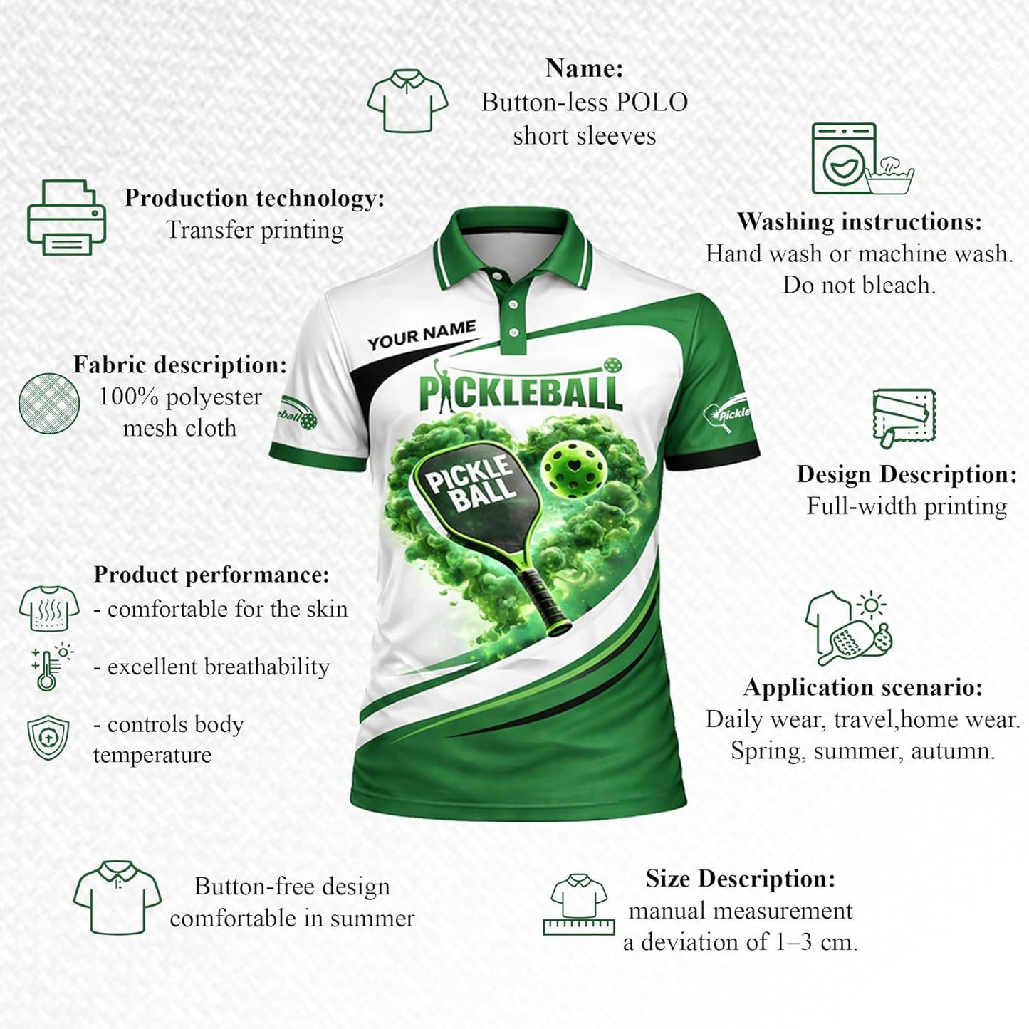 Custom Name Pickleball Heart Polo Shirt Green White Performance