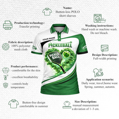 Custom Name Pickleball Heart Polo Shirt Green White Performance