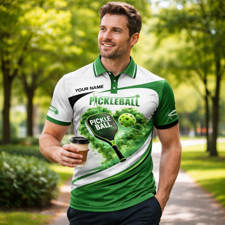 Custom Name Pickleball Heart Polo Shirt Green White Performance