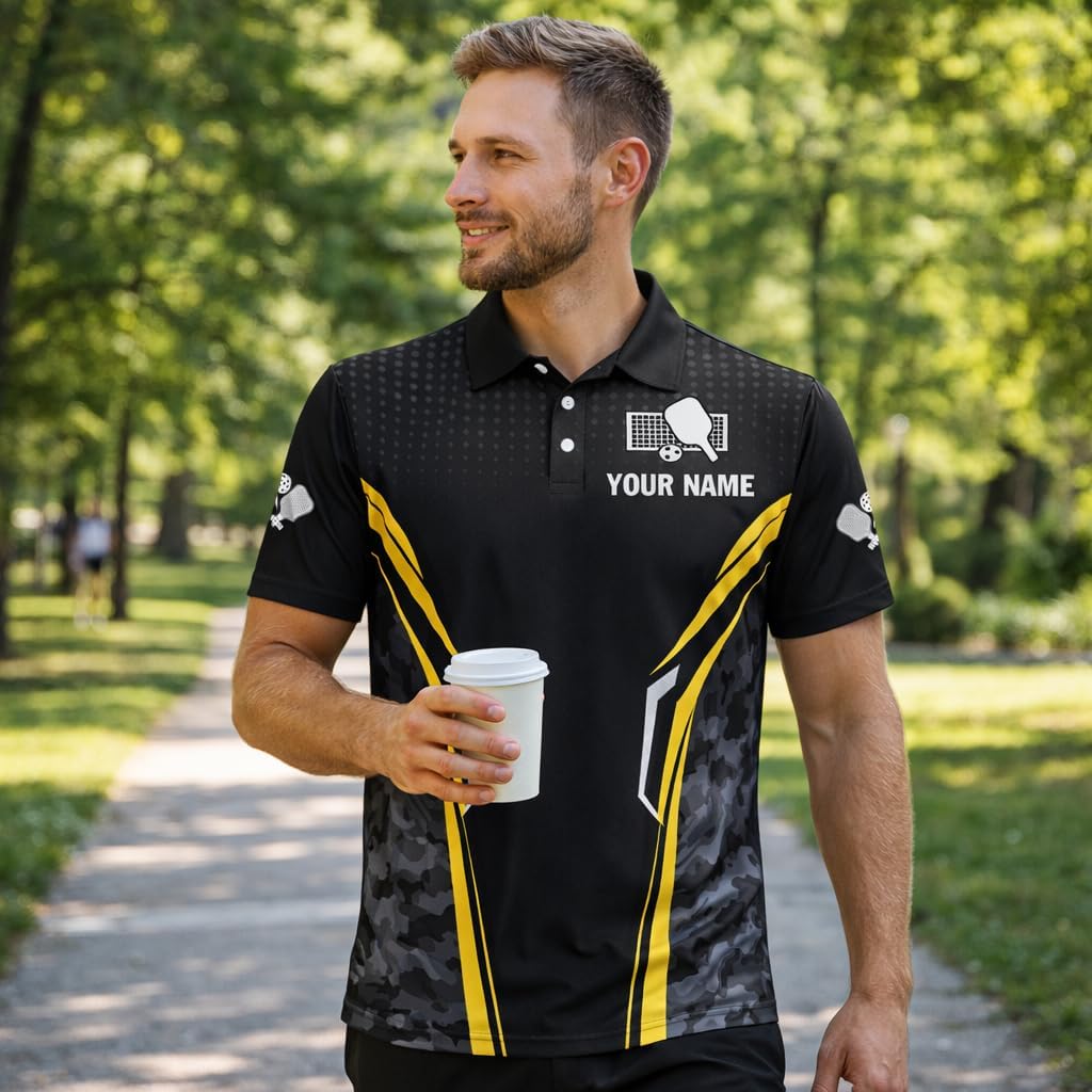 Custom Name Pickleball Polo Shirt Black Gold Camo Team Pickleball Performance Shirt