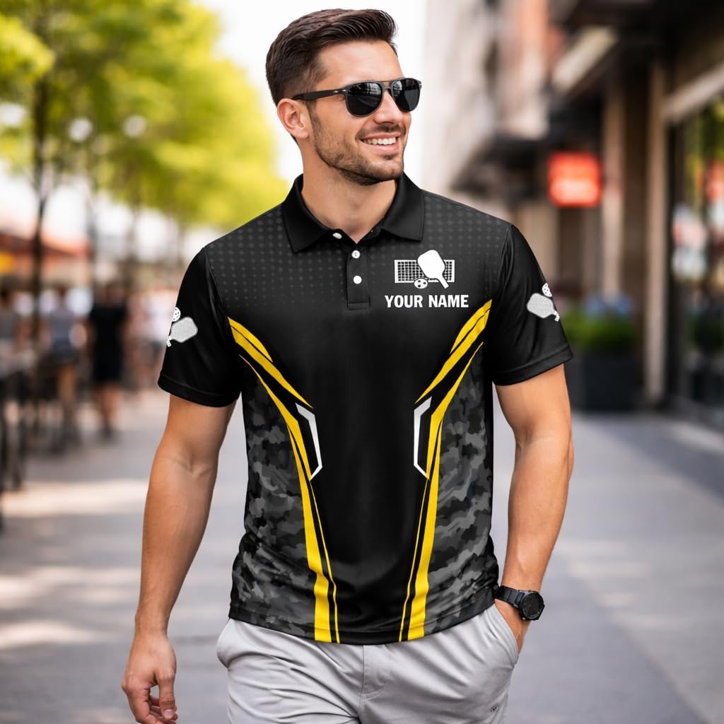 Custom Name Pickleball Polo Shirt Black Gold Camo Team Pickleball Performance Shirt