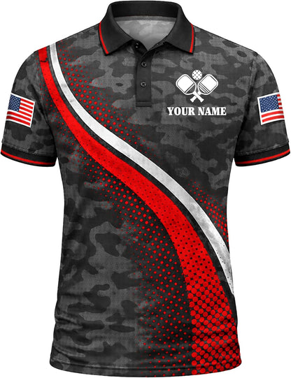 Custom Name Pickleball Polo Shirt Black Red Camo Performance Team Jersey Unisex Sports Polo