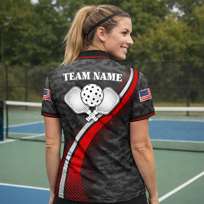 Custom Name Pickleball Polo Shirt Black Red Camo Performance Team Jersey Unisex Sports Polo