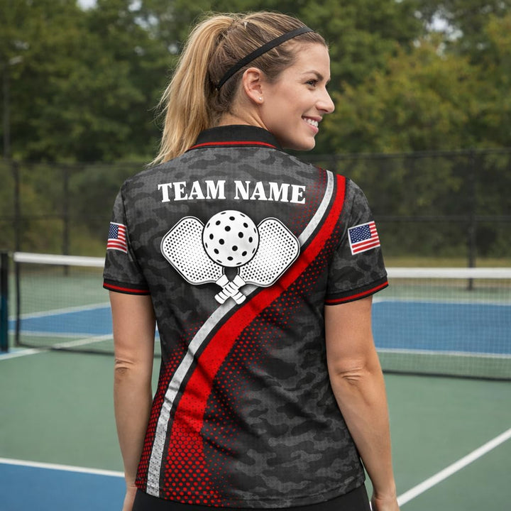 Custom Name Pickleball Polo Shirt Black Red Camo Performance Team Jersey Unisex Sports Polo