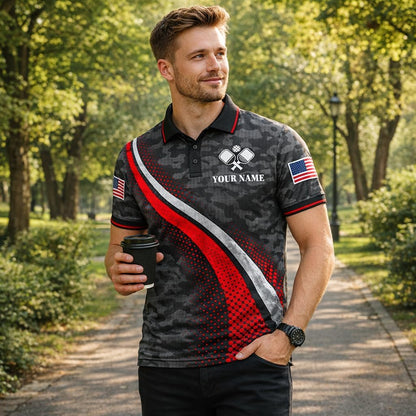 Custom Name Pickleball Polo Shirt Black Red Camo Performance Team Jersey Unisex Sports Polo