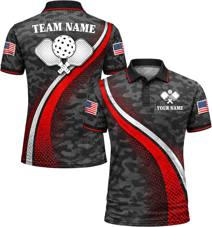 Custom Name Pickleball Polo Shirt Black Red Camo Performance Team Jersey Unisex Sports Polo