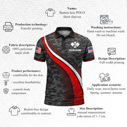 Custom Name Pickleball Polo Shirt Black Red Camo Performance Team Jersey Unisex Sports Polo