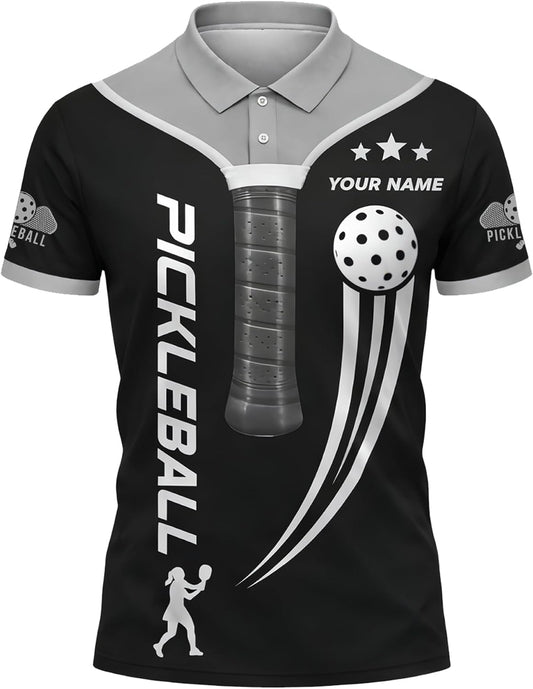 Custom Name Pickleball Polo Shirt Black Silver Performance Mesh Sports Polo for Men Women