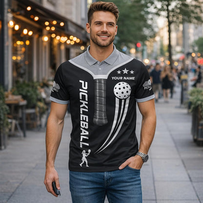 Custom Name Pickleball Polo Shirt Black Silver Performance Mesh Sports Polo for Men Women