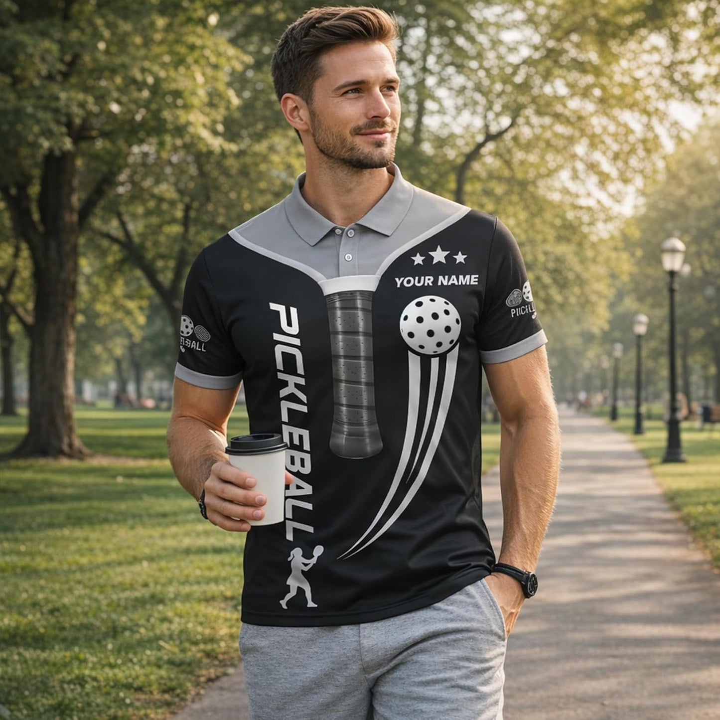 Custom Name Pickleball Polo Shirt Black Silver Performance Mesh Sports Polo for Men Women