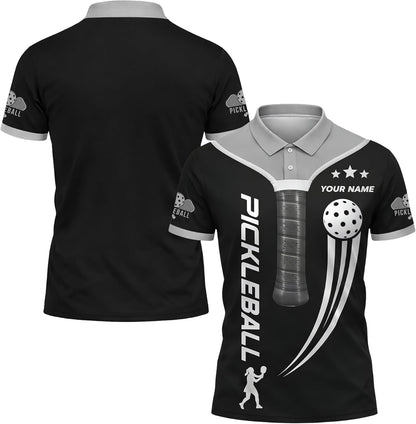 Custom Name Pickleball Polo Shirt Black Silver Performance Mesh Sports Polo for Men Women