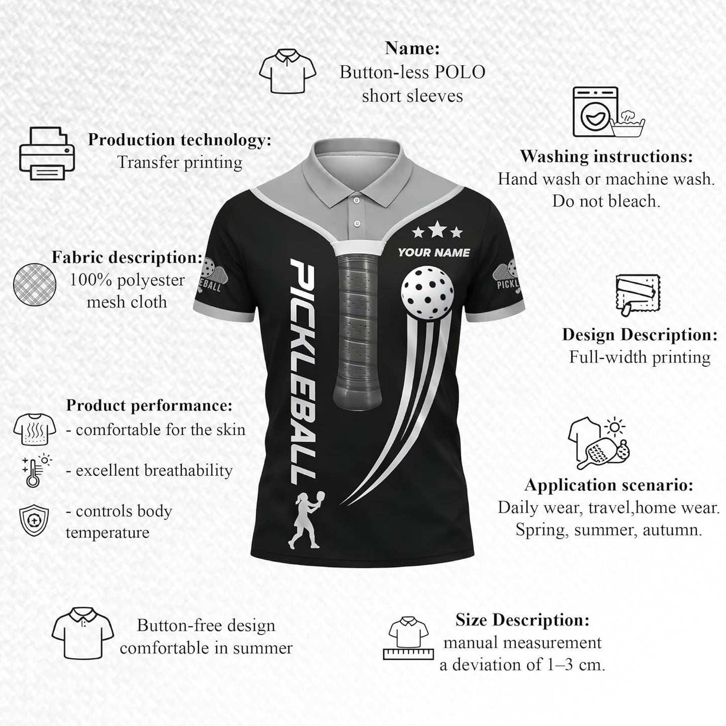 Custom Name Pickleball Polo Shirt Black Silver Performance Mesh Sports Polo for Men Women