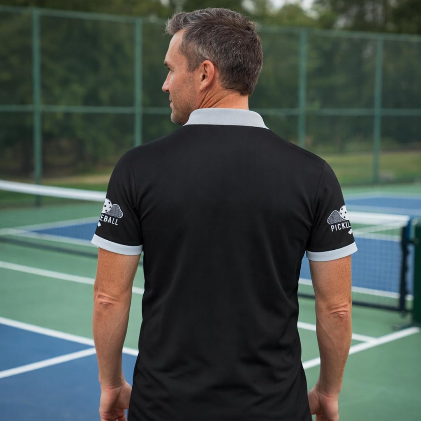 Custom Name Pickleball Polo Shirt Black Silver Performance Mesh Sports Polo for Men Women