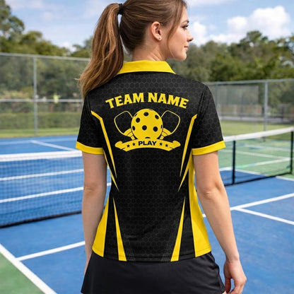 Custom Name Pickleball Polo Shirt Black Yellow Performance Team Jersey