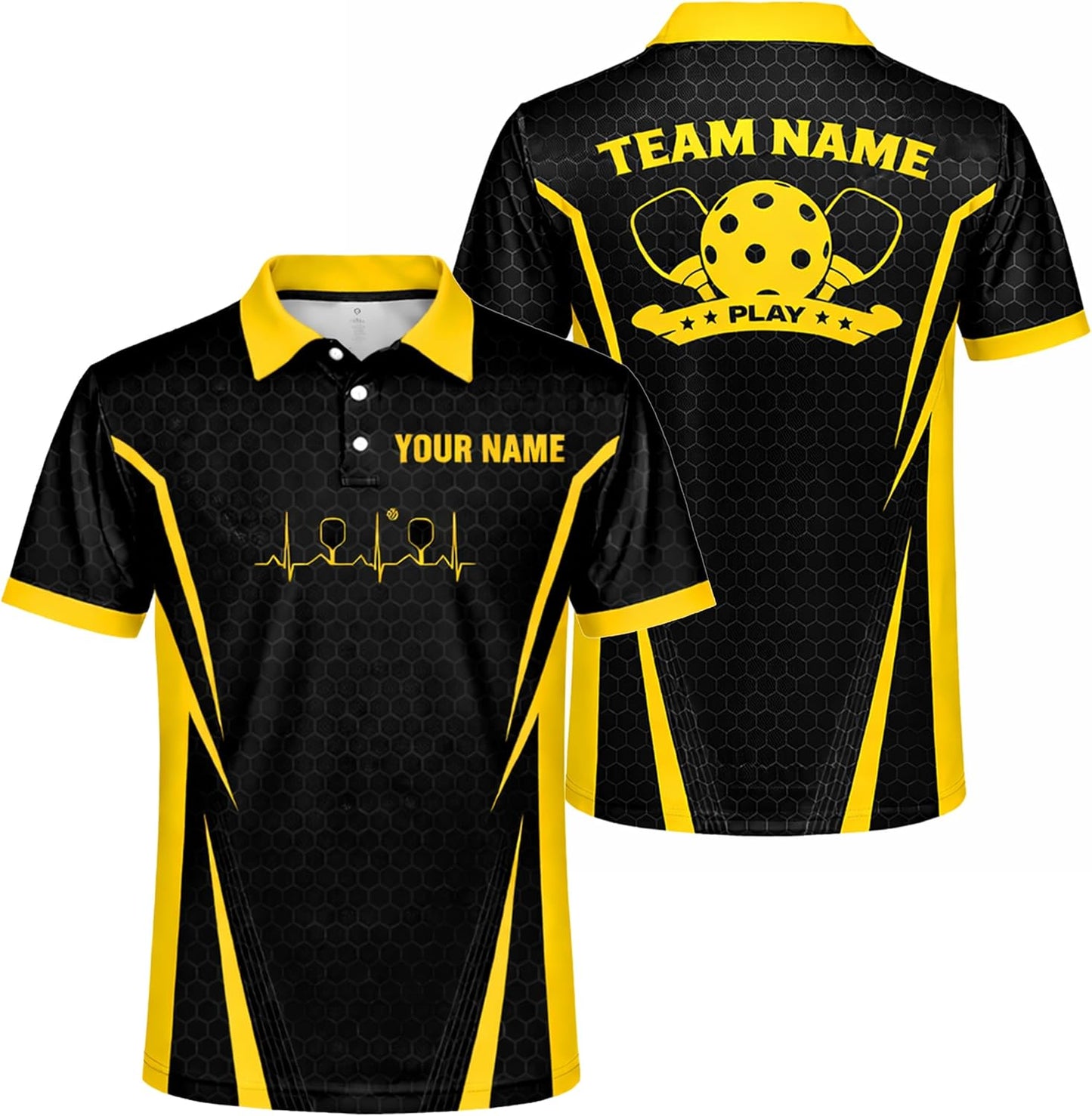 Custom Name Pickleball Polo Shirt Black Yellow Performance Team Jersey