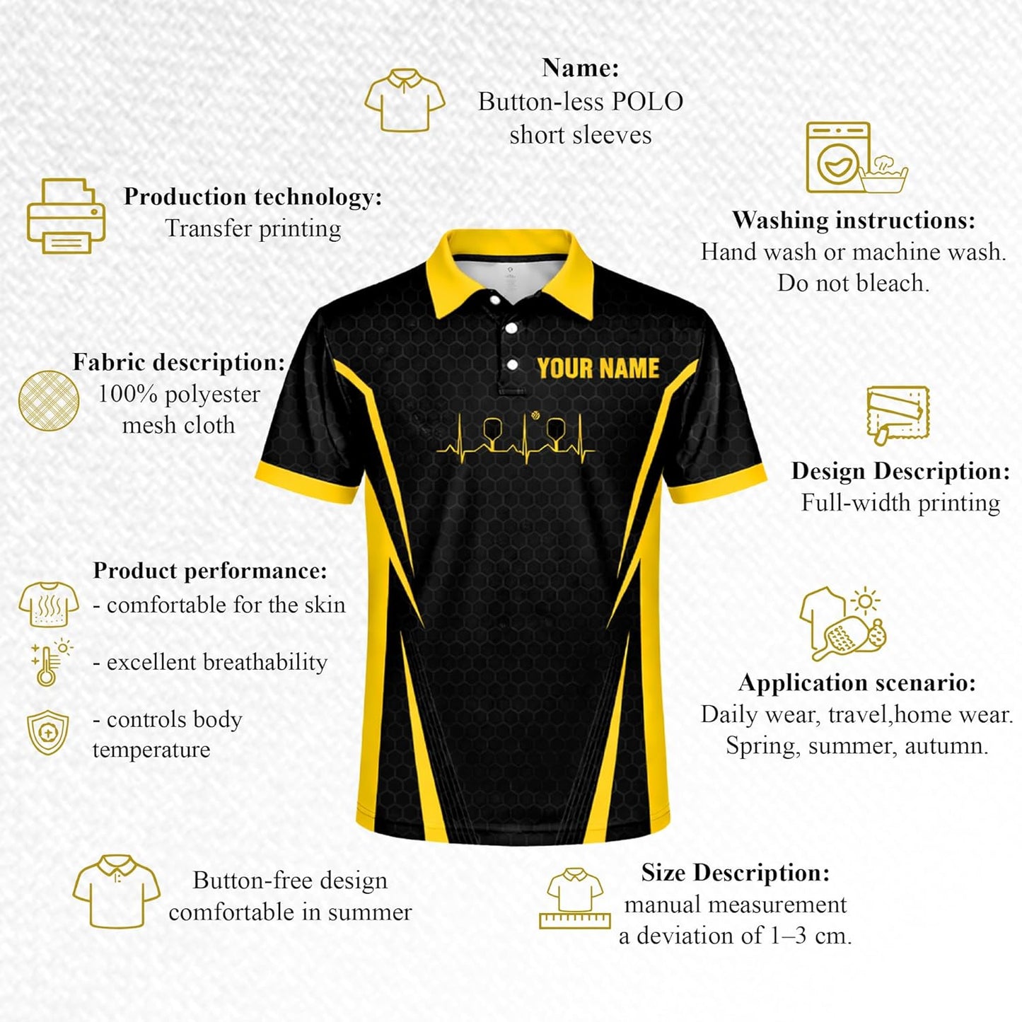 Custom Name Pickleball Polo Shirt Black Yellow Performance Team Jersey